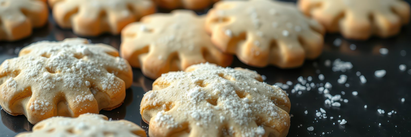 Delicious floral-shaped cookies dusted with powdered sugar on a black baking tray